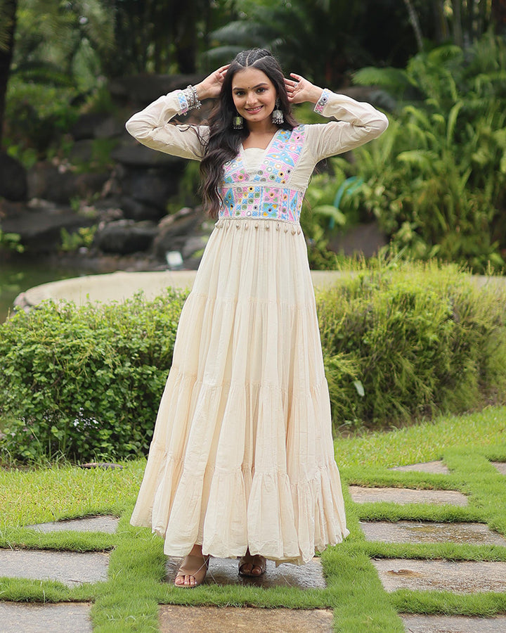 Off-White Color Kora Cotton Navratri Gown