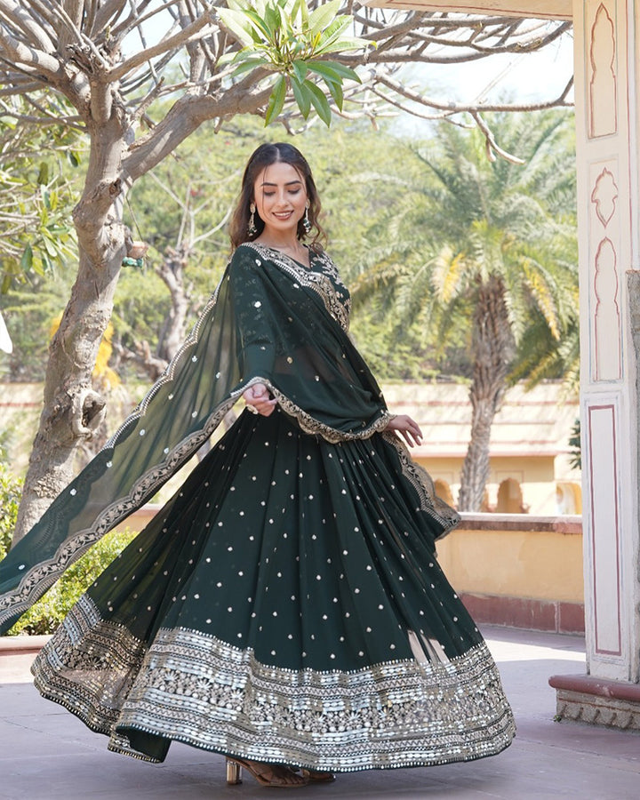 Wedding Wear Dark Green Color Designer Blooming Semi stitched Lehenga Choli