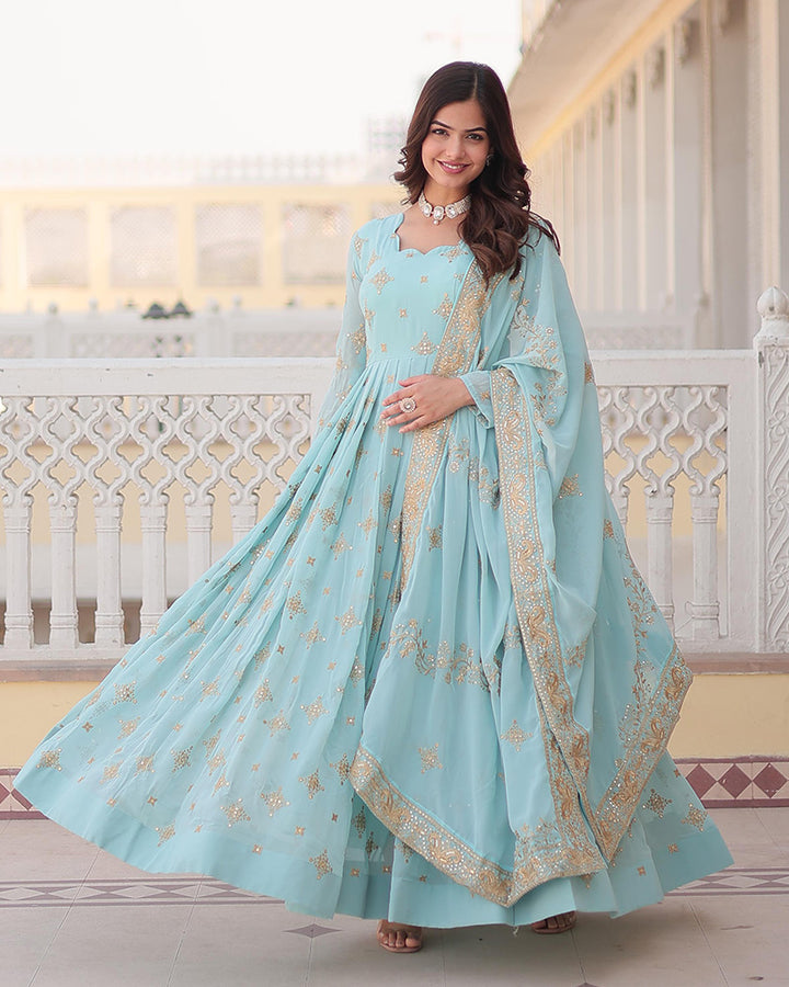 Sky Blue Color Faux Georgette Gown With Sequins Embroidered Dupatta
