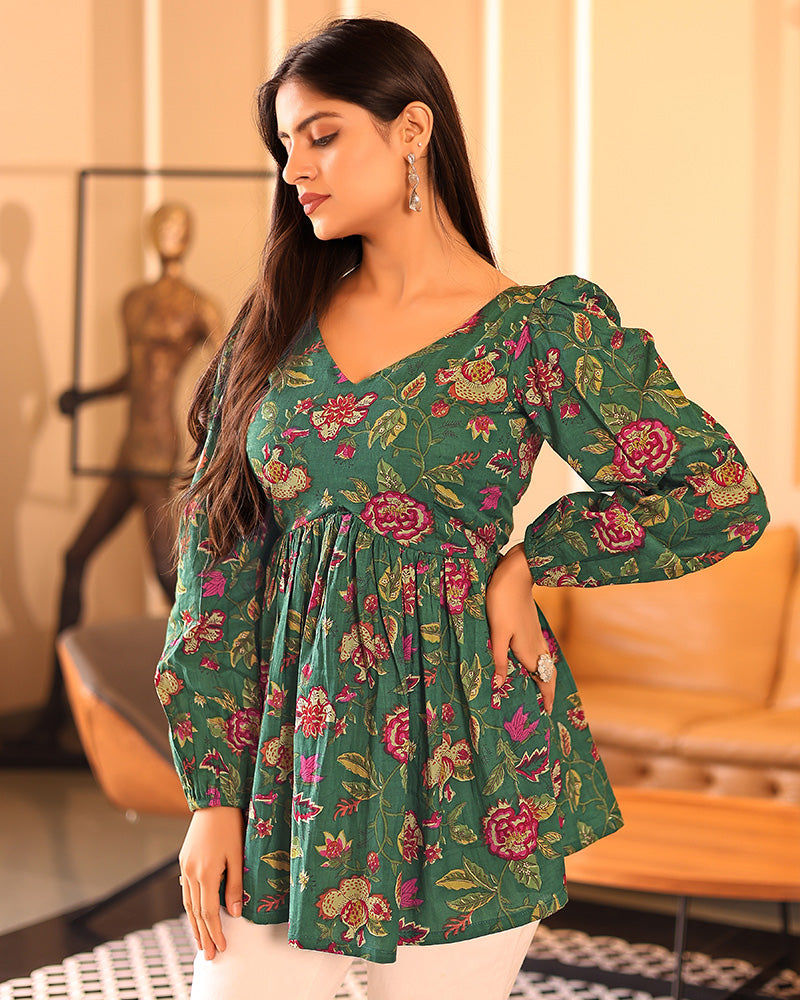 Green Color Pure Cotton Floral Printed Tunic