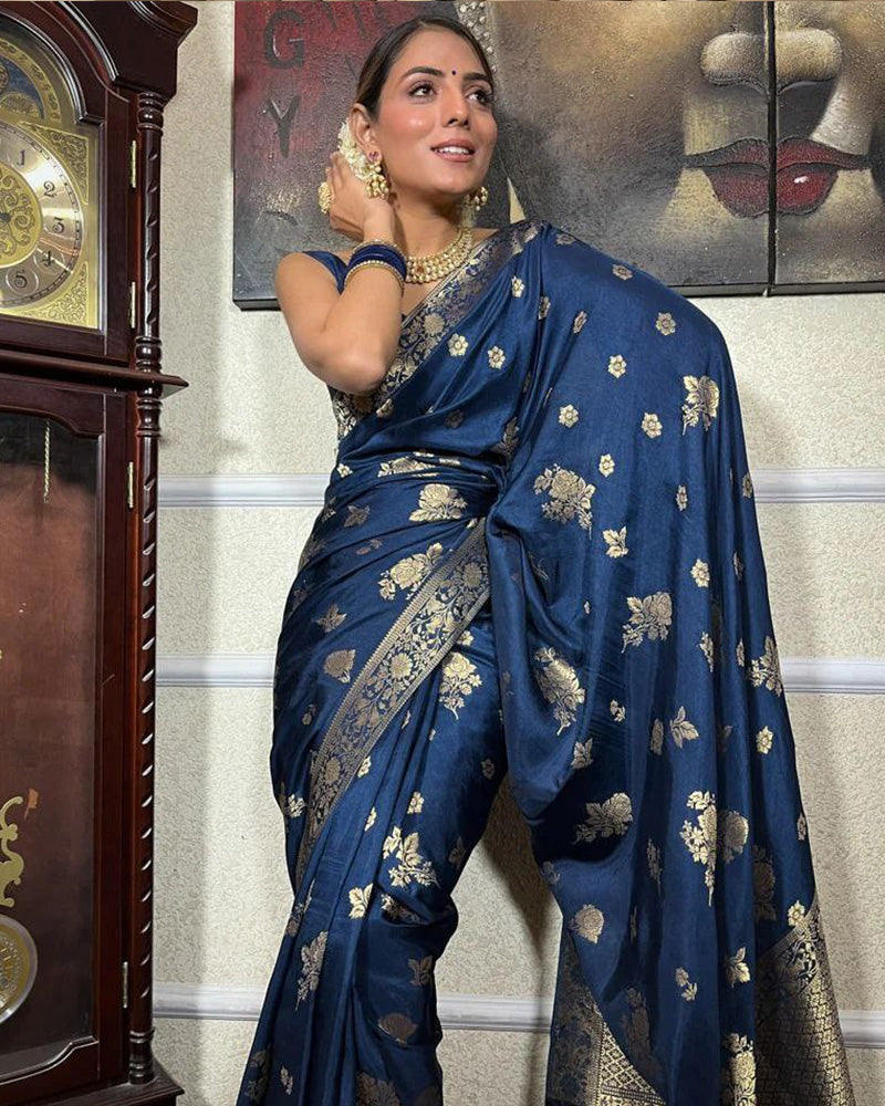 Royal Blue Color Big Flower Design Banarasi Soft Silk Saree