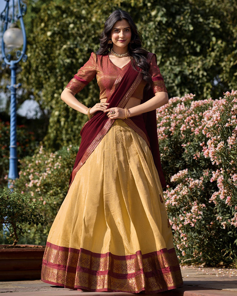 Cream Color Kanchipuram Silk Designer Half Saree