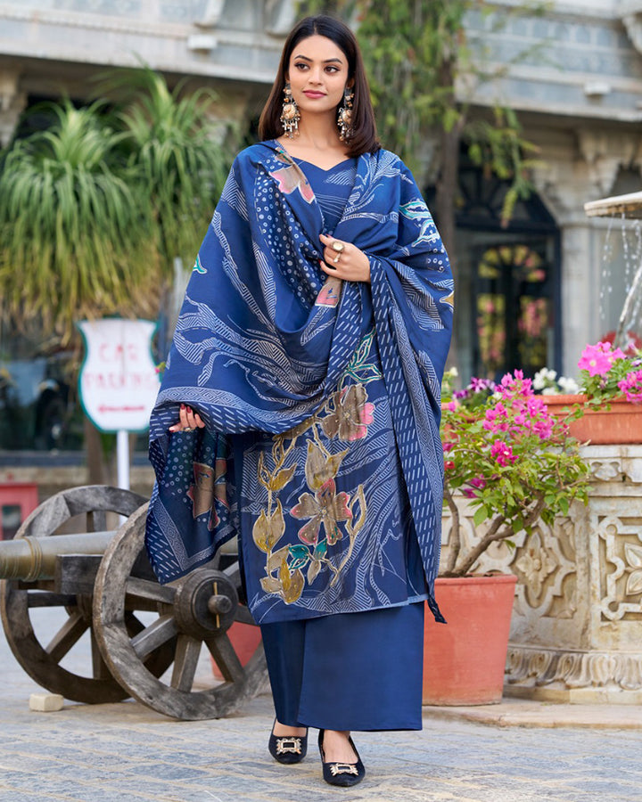 Navy Blue Color Roman Silk Three Piece Kurti Suit