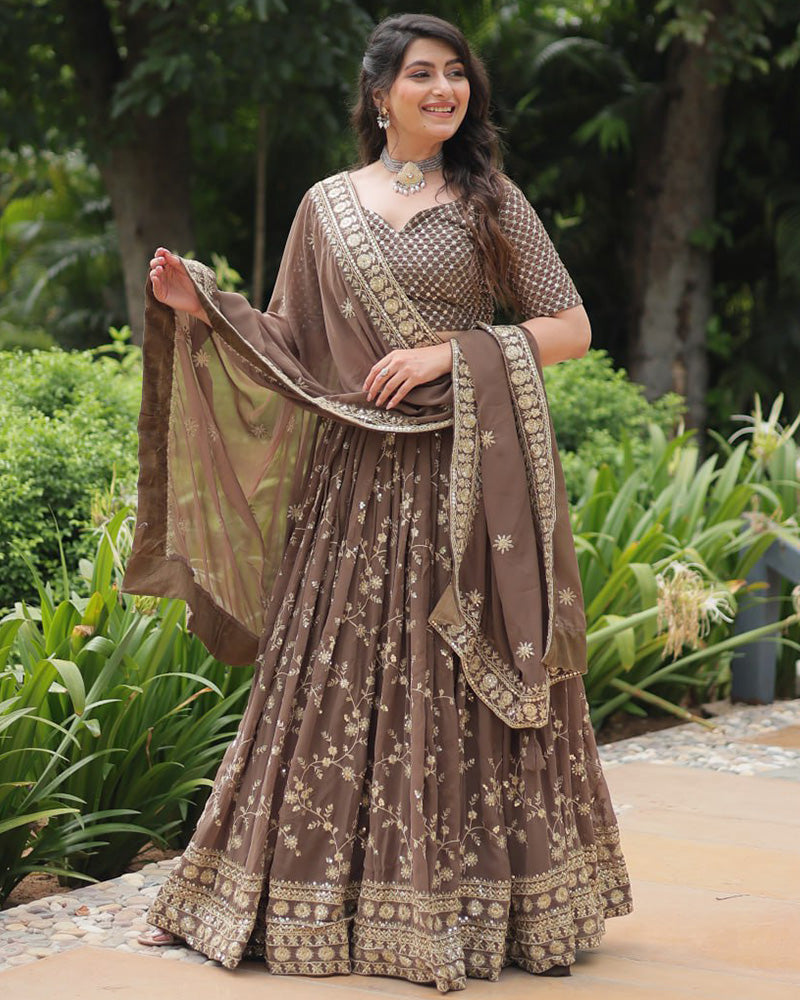 Brown Color Designing Blooming Lehenga Choli