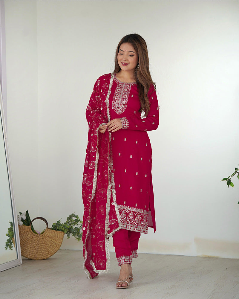 Rani Pink Color Rangoli Silk Three Piece Kurti Suit