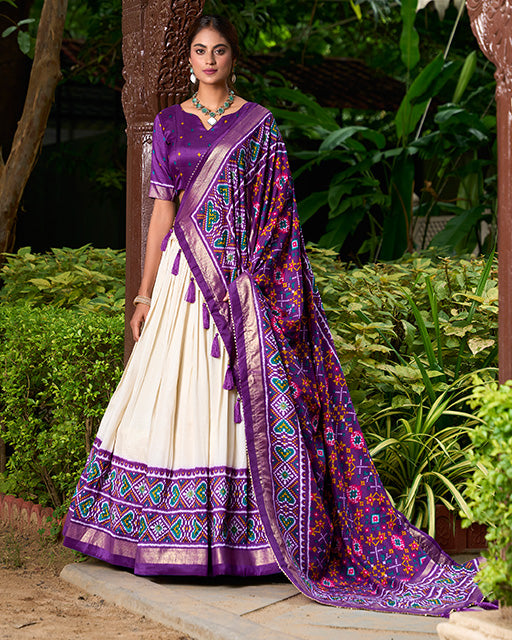 Purple Color Tussar Silk Patola Printed Lehenga Choli