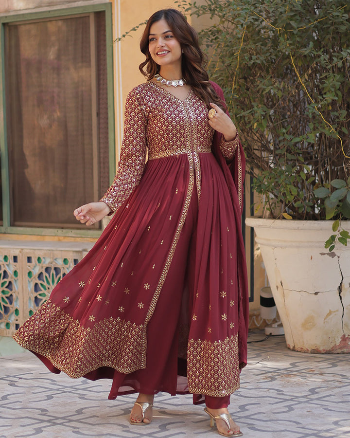 Designer Brown Color Three Piece Sharara Suit