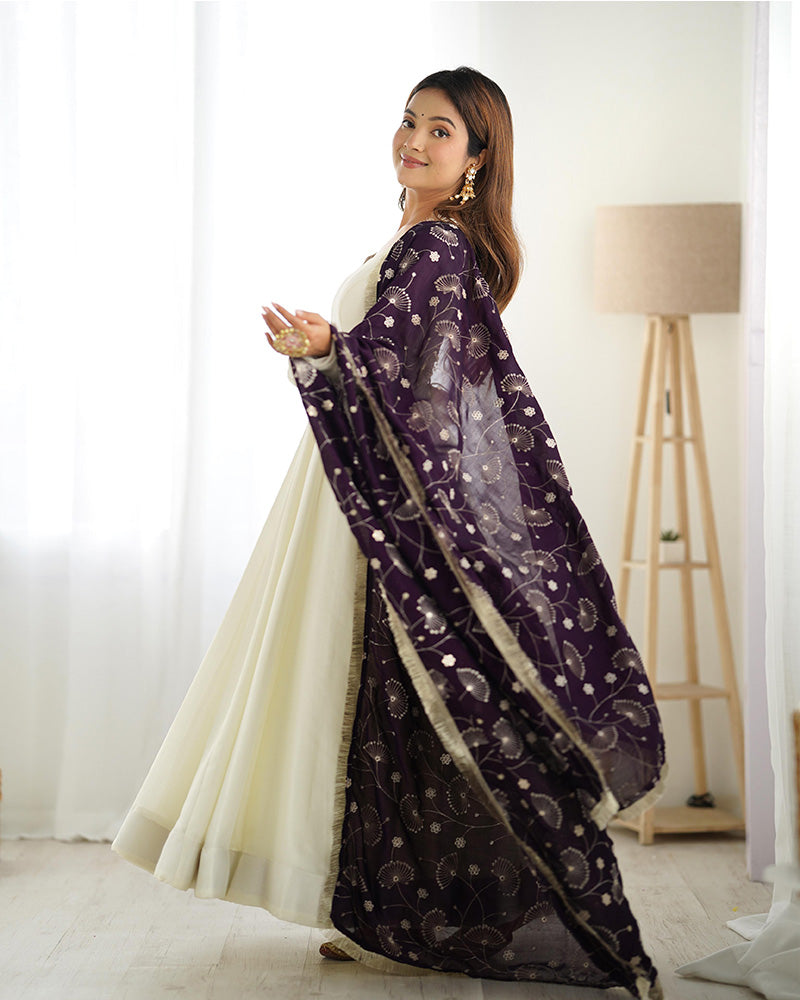 White Color Soft Vichitra Silk Anarkali With Dark Purple Dupatta