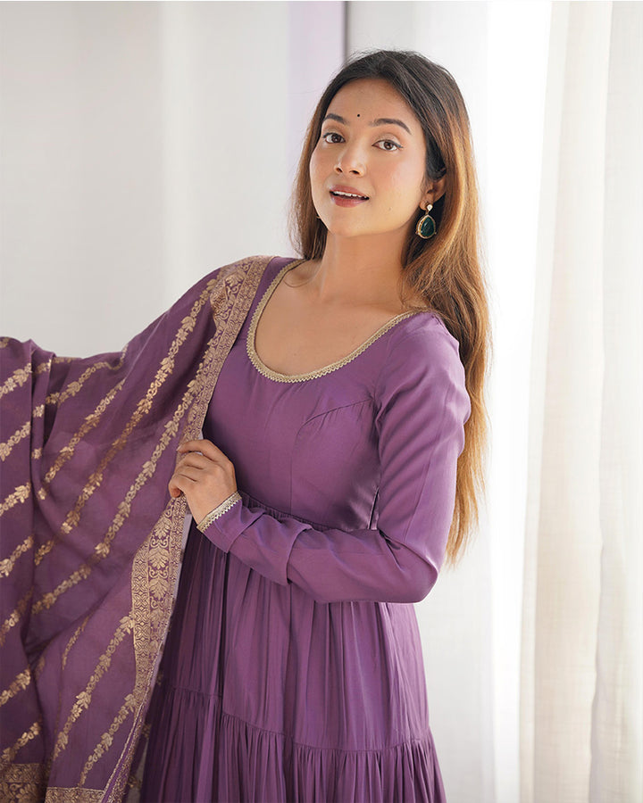 Dusty Purple Color Pure Roman Silk Ruffle Style Anarkali Suit