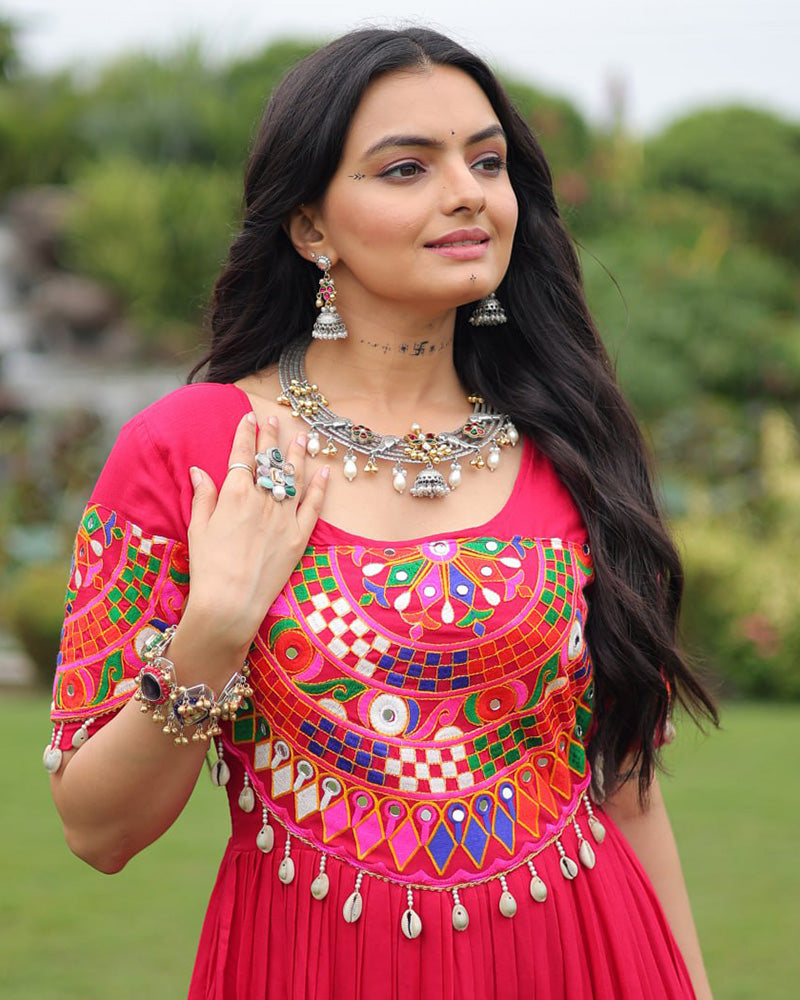 Rani Pink Color Rayon Navratri Gown