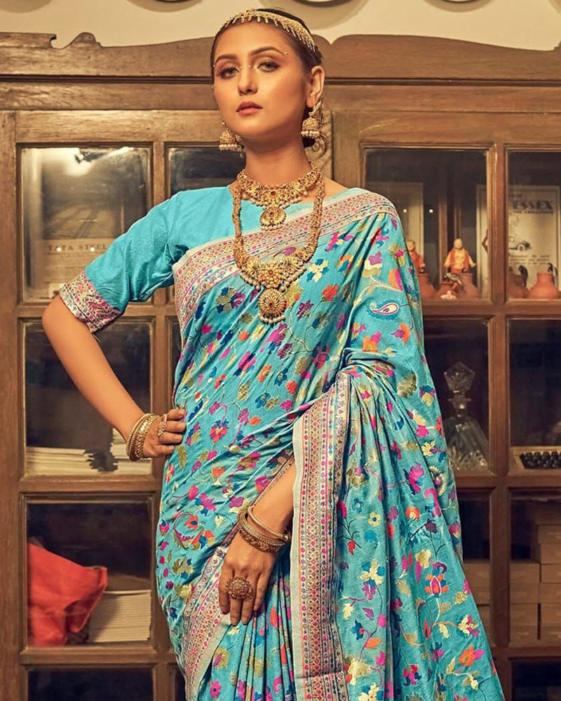 Heavy designer Sky Blue Colour Banarsi Soft Silk Saree