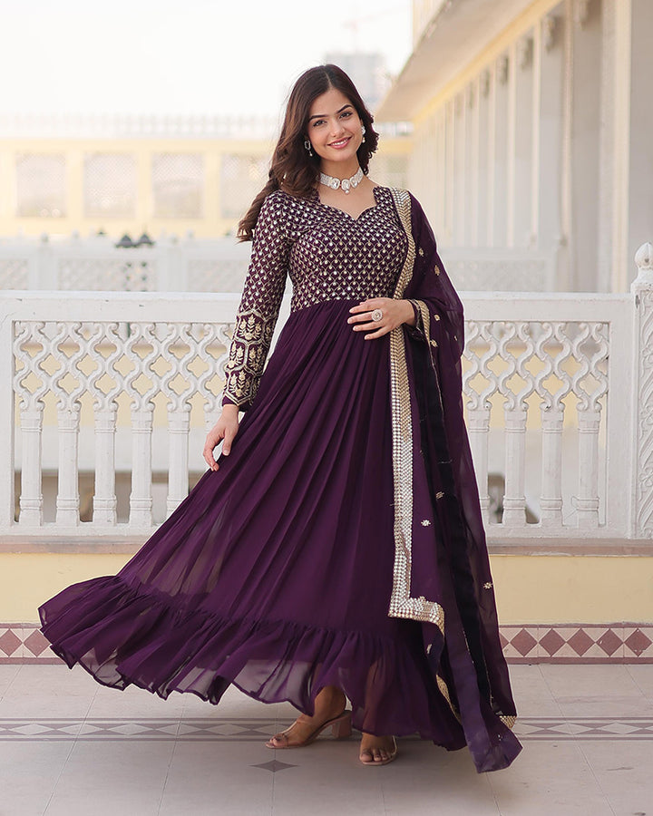 Wine Color Faux Blooming Gown With Sequins Embroidered Dupatta