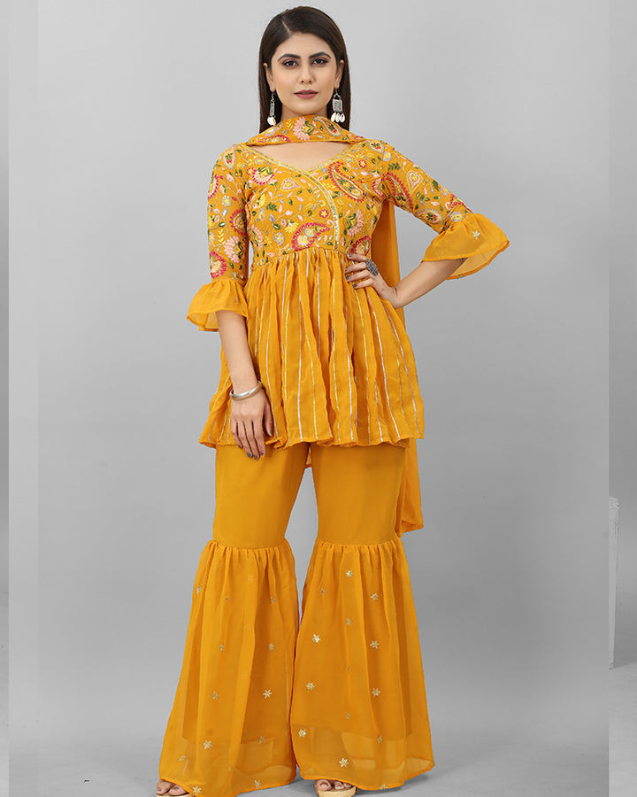 Yellow Color Georgette Embroidery work Three Piece Sharara Suit