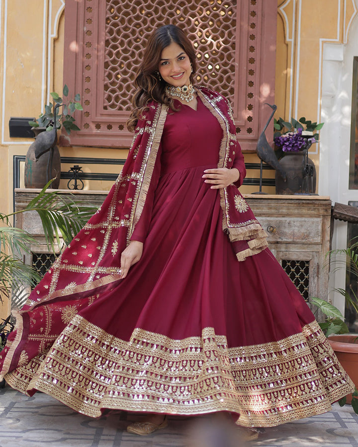 Maroon Color Star Georgette Sequence Embroidered Gown