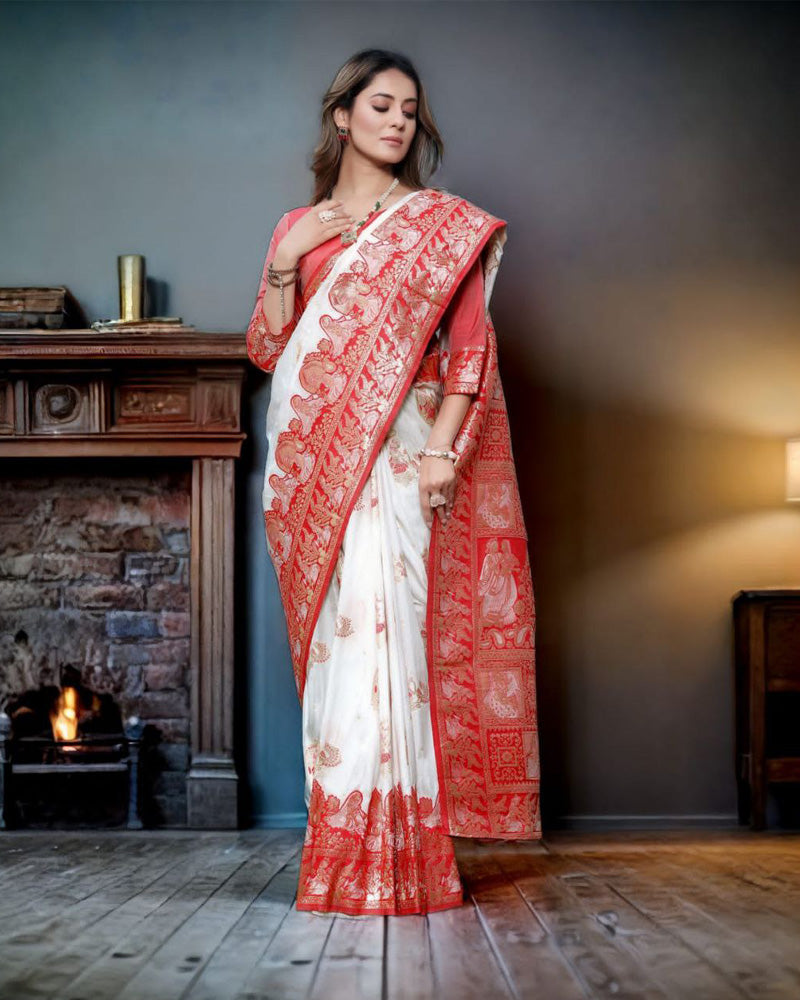 Red And White Banarasi Weaving Cluster Soft Silk Saree