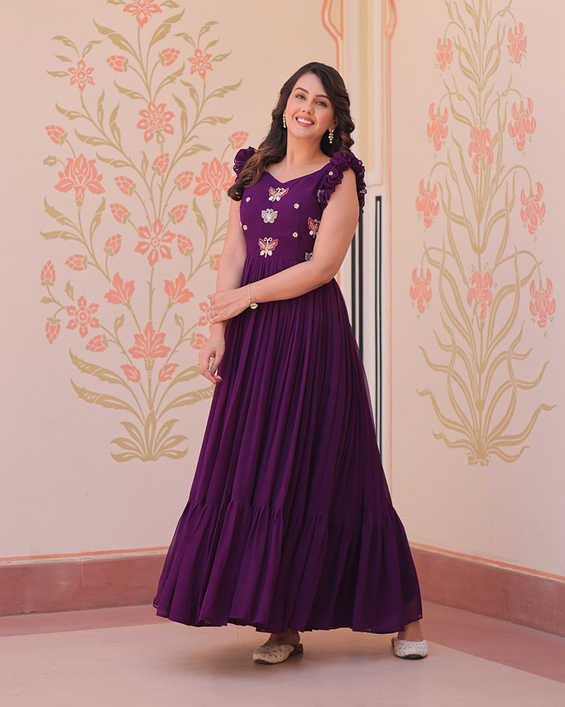 Wine Color Faux Blooming Embroidered work Gown