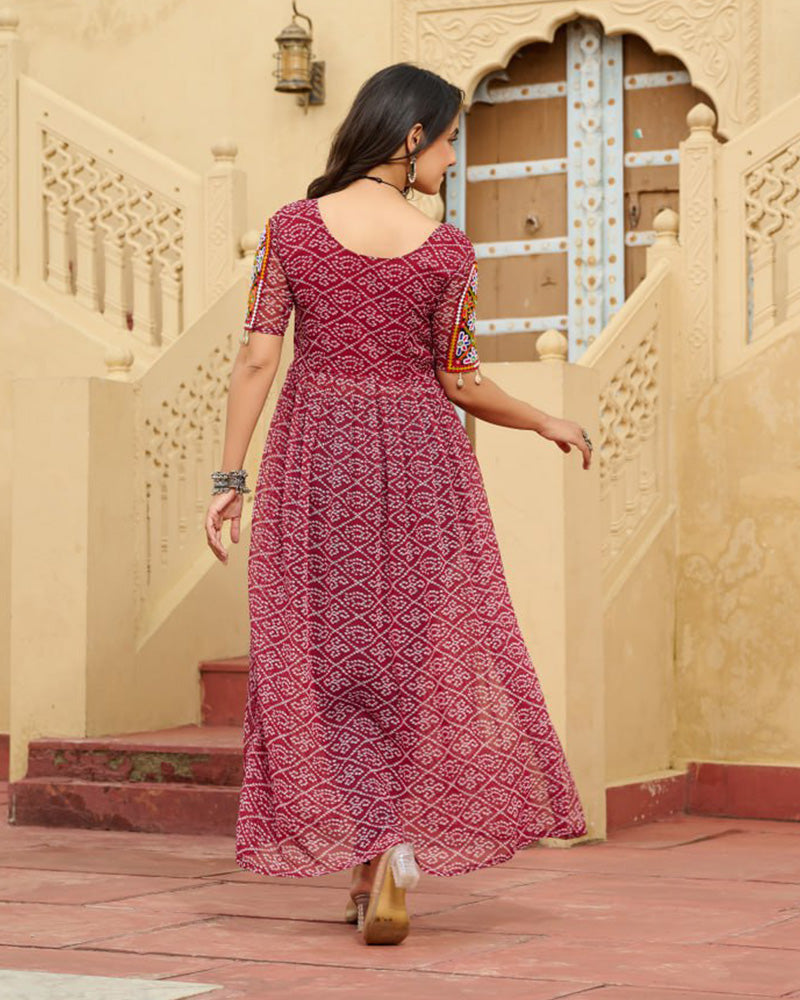 Maroon Color Georgette Bandhani Print Navratri Kurti