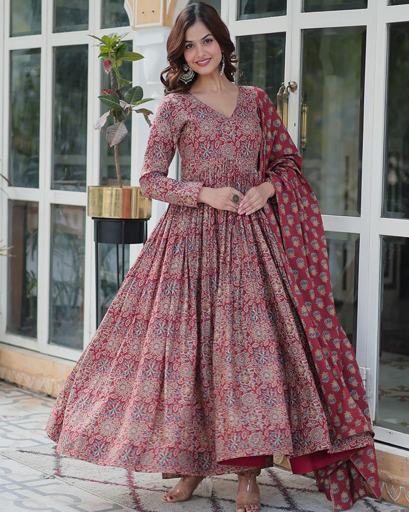 Premium Maroon Color Pure Cotton Kurti With Pant And Dupatta Set