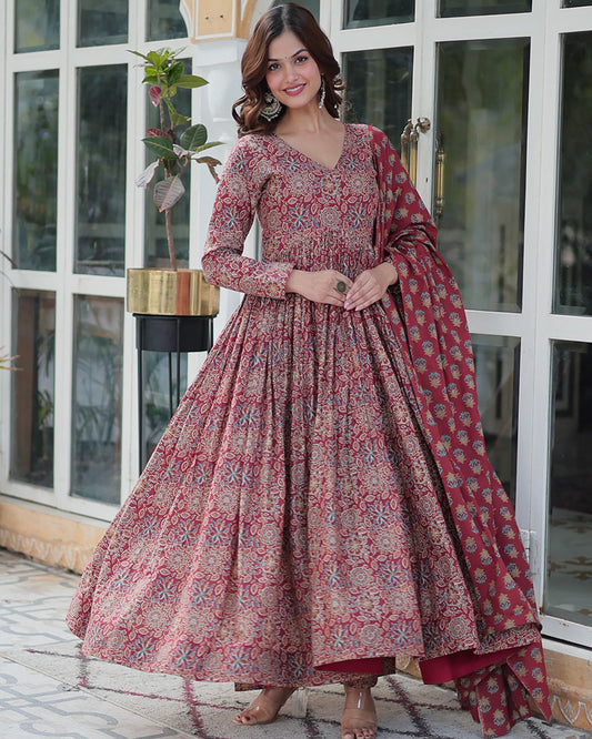 Premium Maroon Color Pure Cotton Kurti With Pant And Dupatta Set