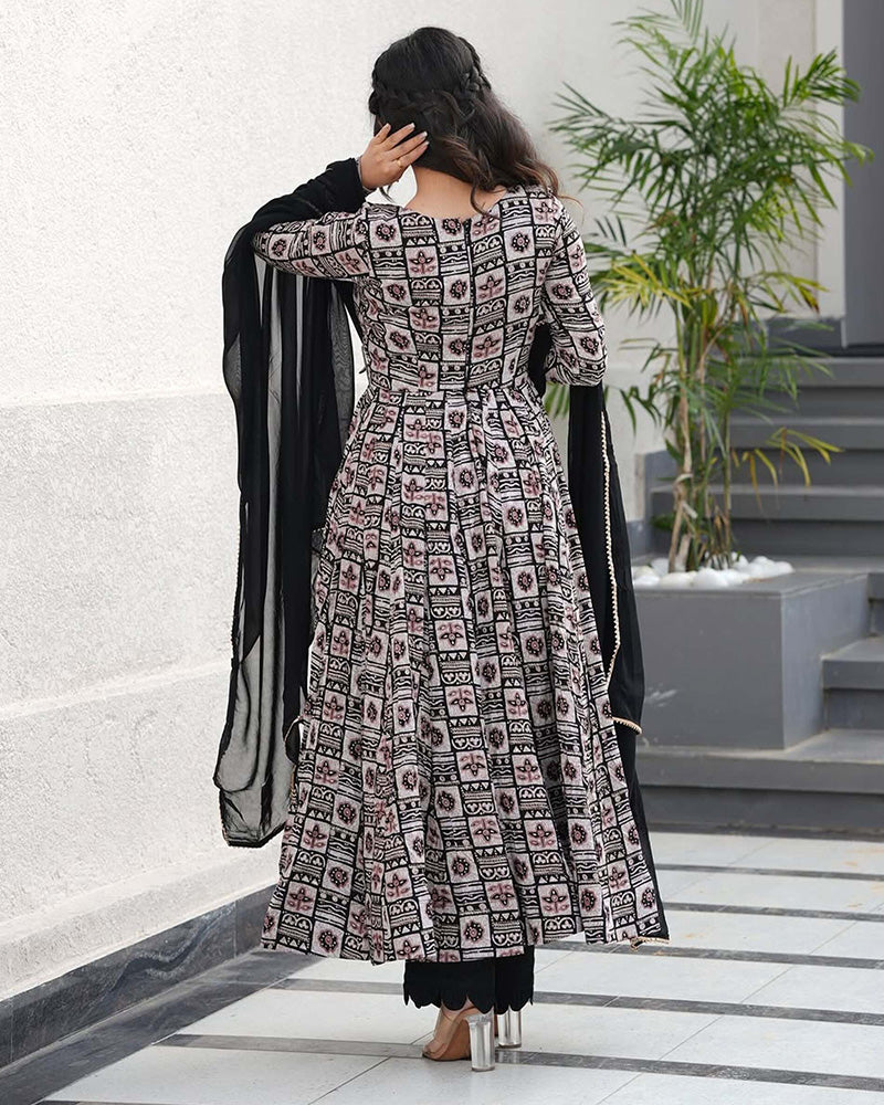 Black Color Rayon Printed Three Piece Anarkali Suit