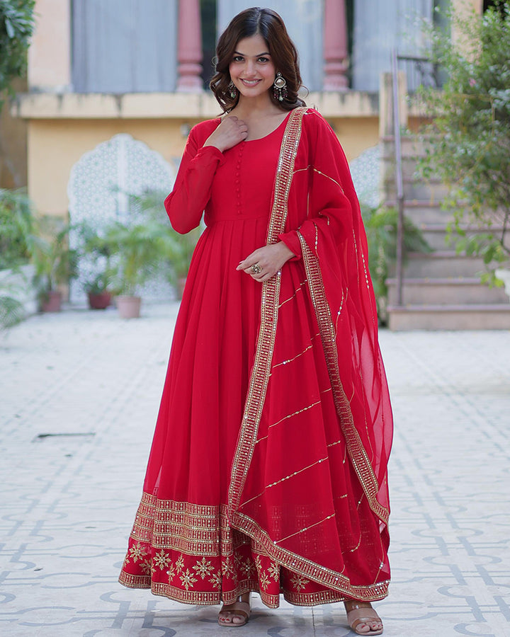 Exclusive Red Color Attractive Sequence Embroidery Work Gown