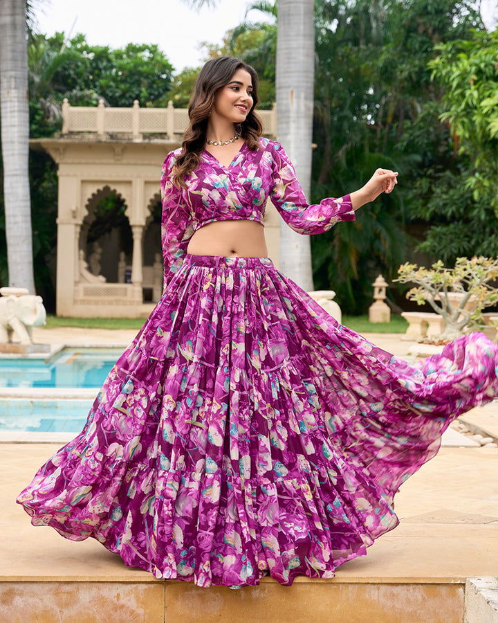 Wine Color Georgette Printed Crop Top Lehenga Choli