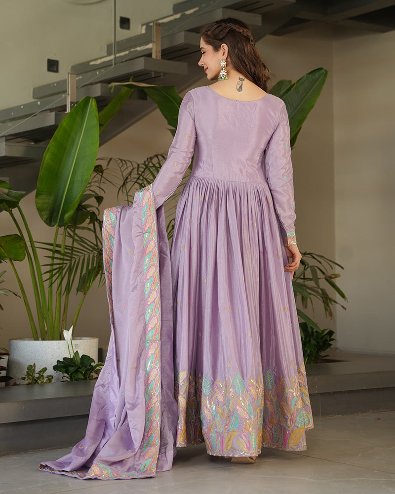 Lavender Color Chinnon Sequence Embroidered Gown