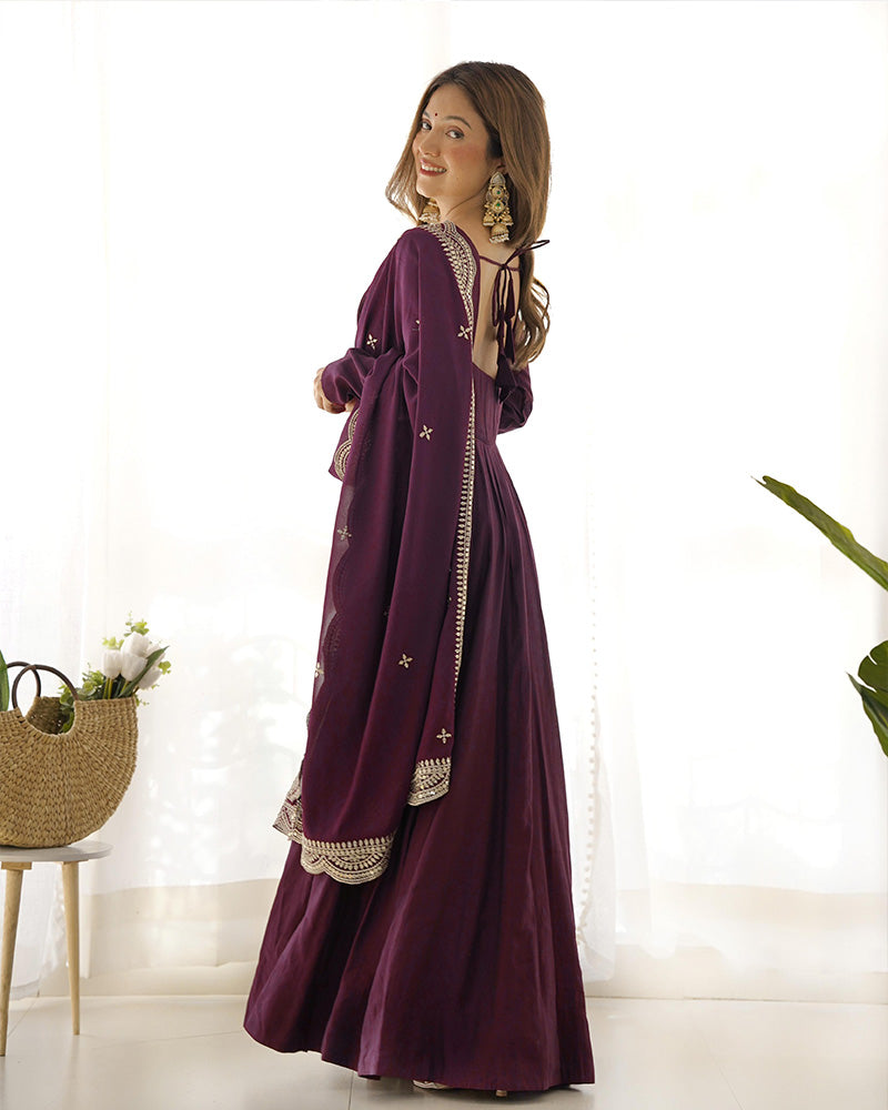 Beautiful Wine Color Pure Chanderi Silk Three Piece Anarkali Suit