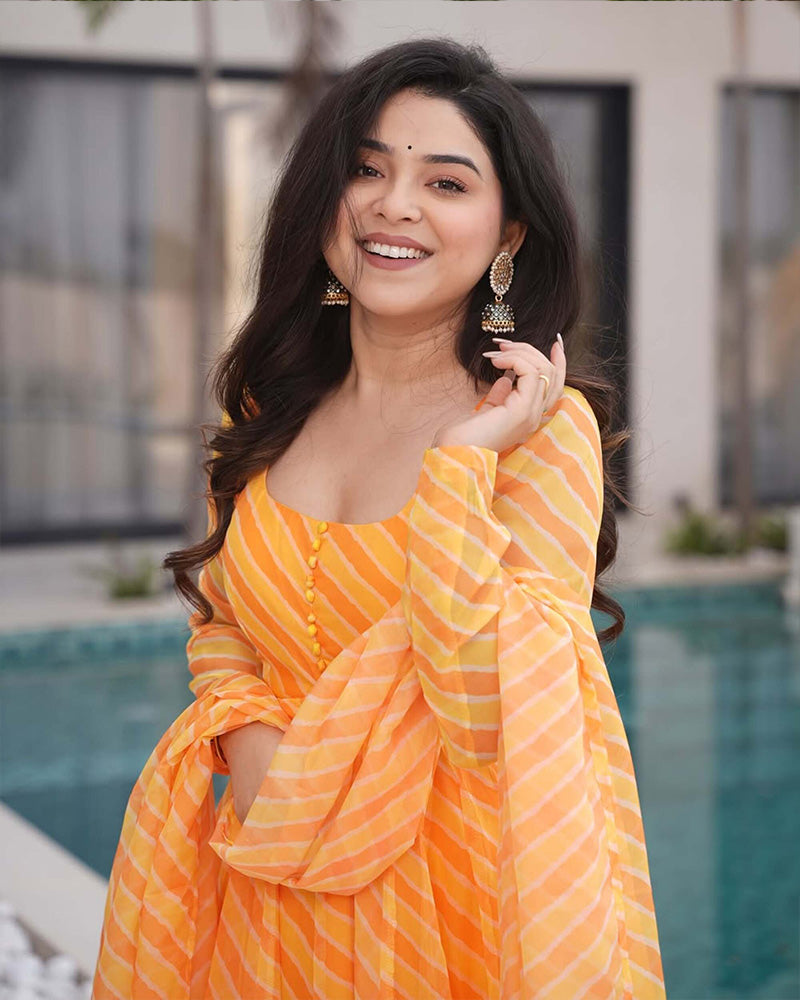 Yellow Color Laheriya Print Tabby Organza Anarkali Suit