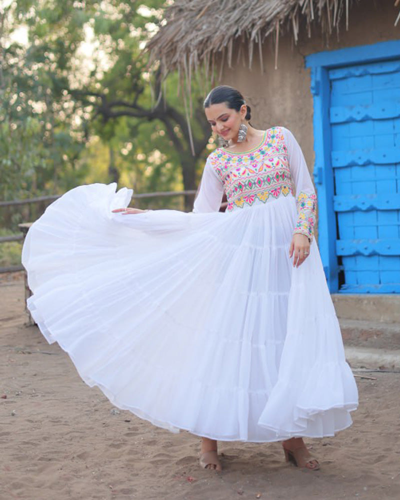 White Color Blooming Ruffle Style Navratri Gown