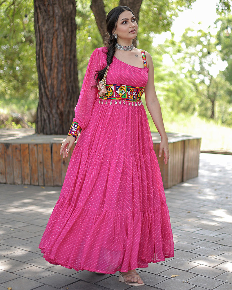 Pink Color Georgette Laheriya Print Navratri Gown