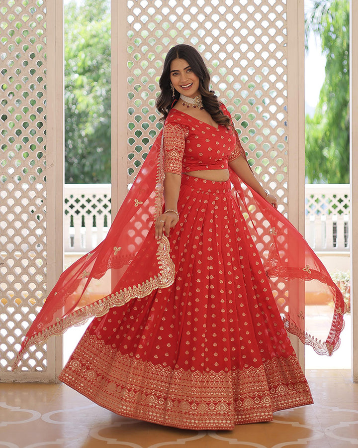 Red Color Pure Dyable Jacquard Lehenga Choli