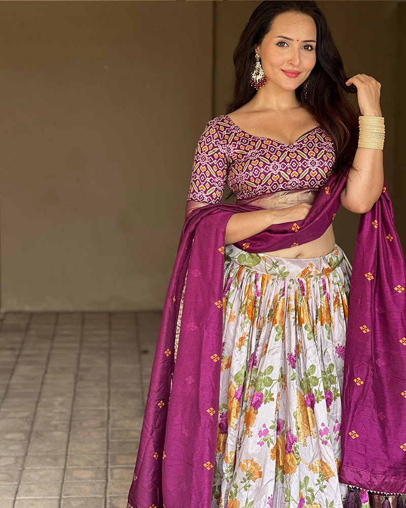 Wine Color Tussar Silk Floral And Patola Printed Navratri Lehenga Choli