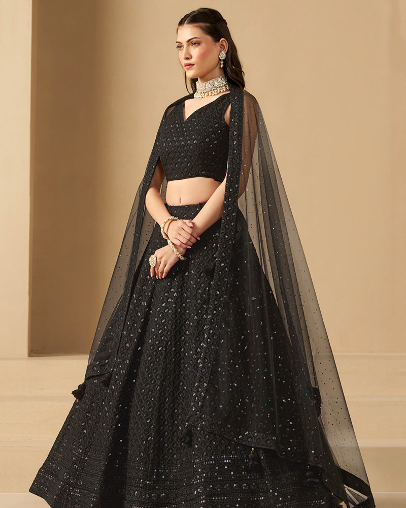 Black Color Georgette Embroidered Lehenga Choli With Dupatta