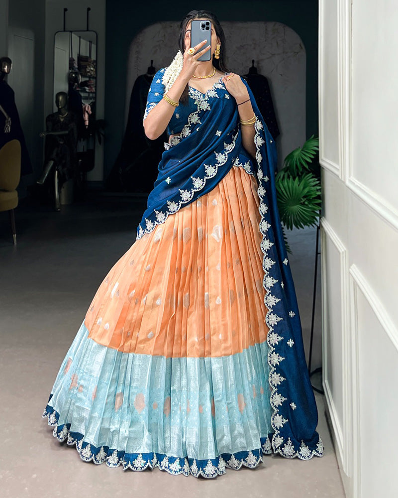 Orange Color Zari Kota Embroidered Half Saree