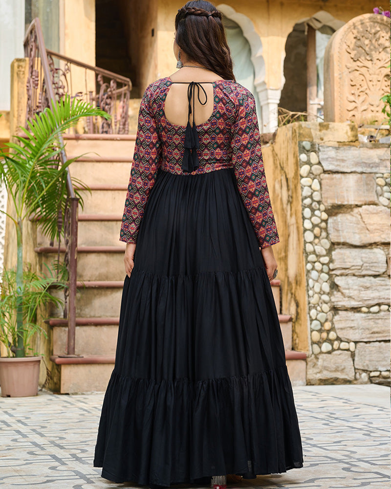 Classic Black Mirror Embroidered Rayon Gown For Navratri