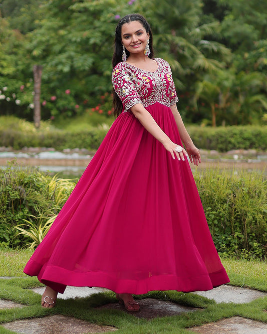 Rani Pink Color Faux Blooming Embroidered Gown
