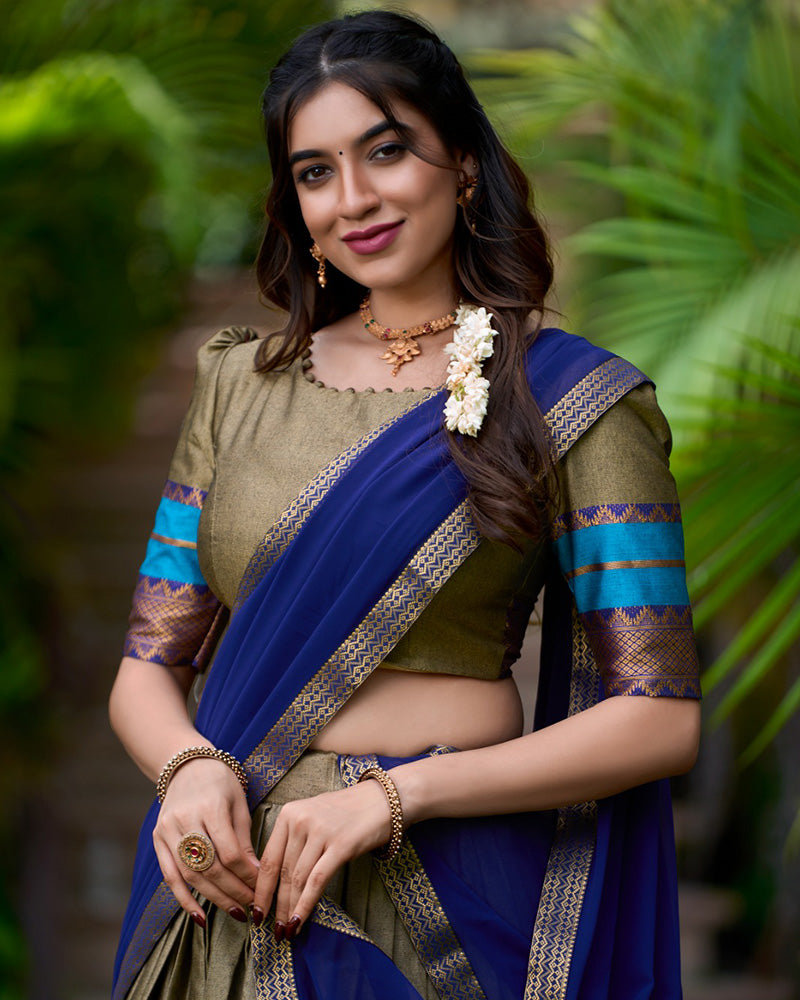 Chikoo Color Poly Cotton Zari Weaving Work Half Saree