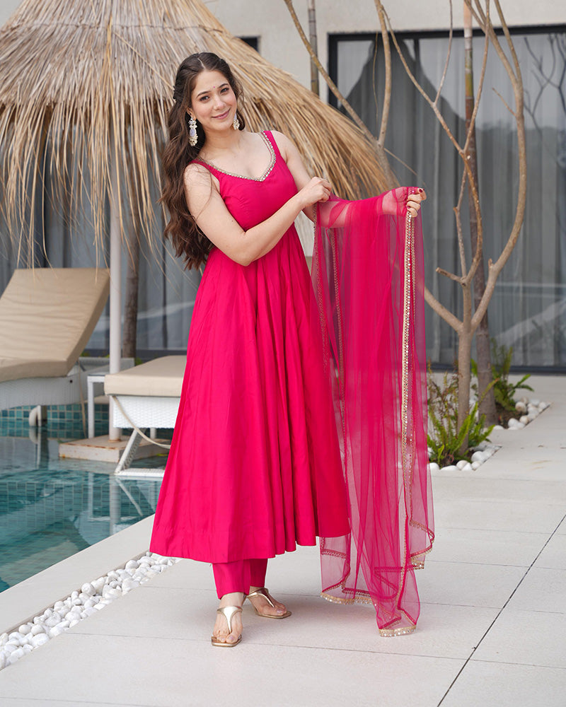 Rani Pink Color Chanderi Pure Roman Silk Anarkali Suit