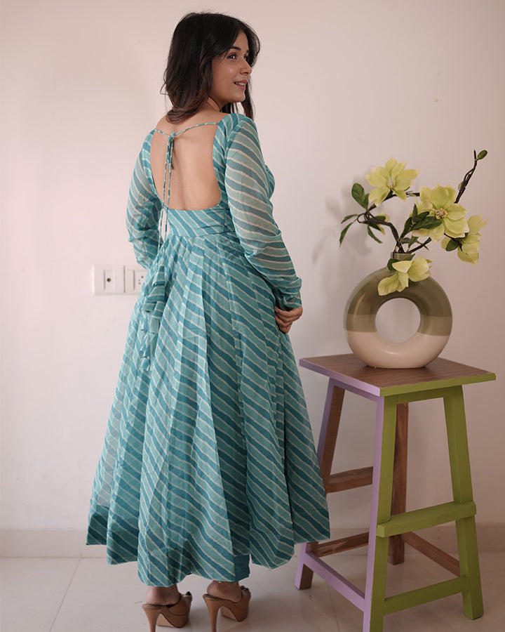 Firozi Color Laheriya Print Tabby Organza Anarkali Suit