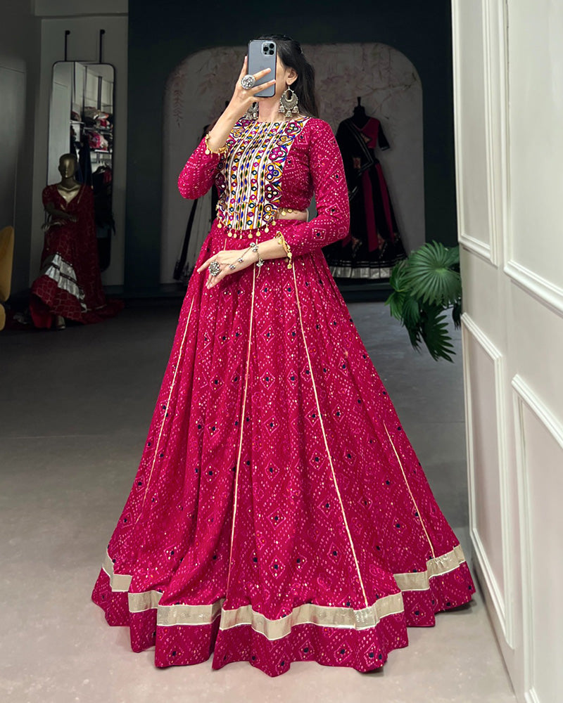 Pink Color Rayon Bandhej Print Navratri Lehenga Choli