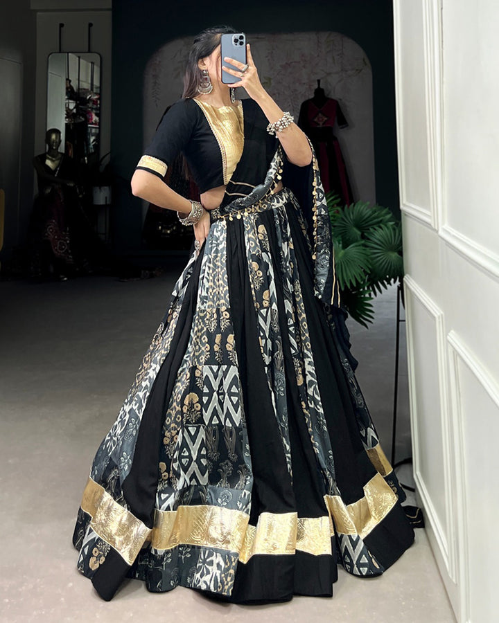 Black Color Rayon And Tussar Silk Navratri Lehenga Choli