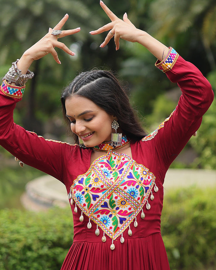 Maroon Color Reyon Gamthi Style Navratri Gown