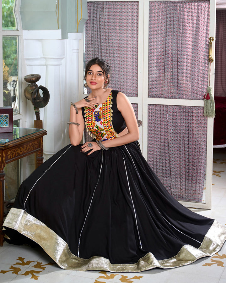 Black Color Rayon Navratri Cowrie Touch Up Lehenga Choli