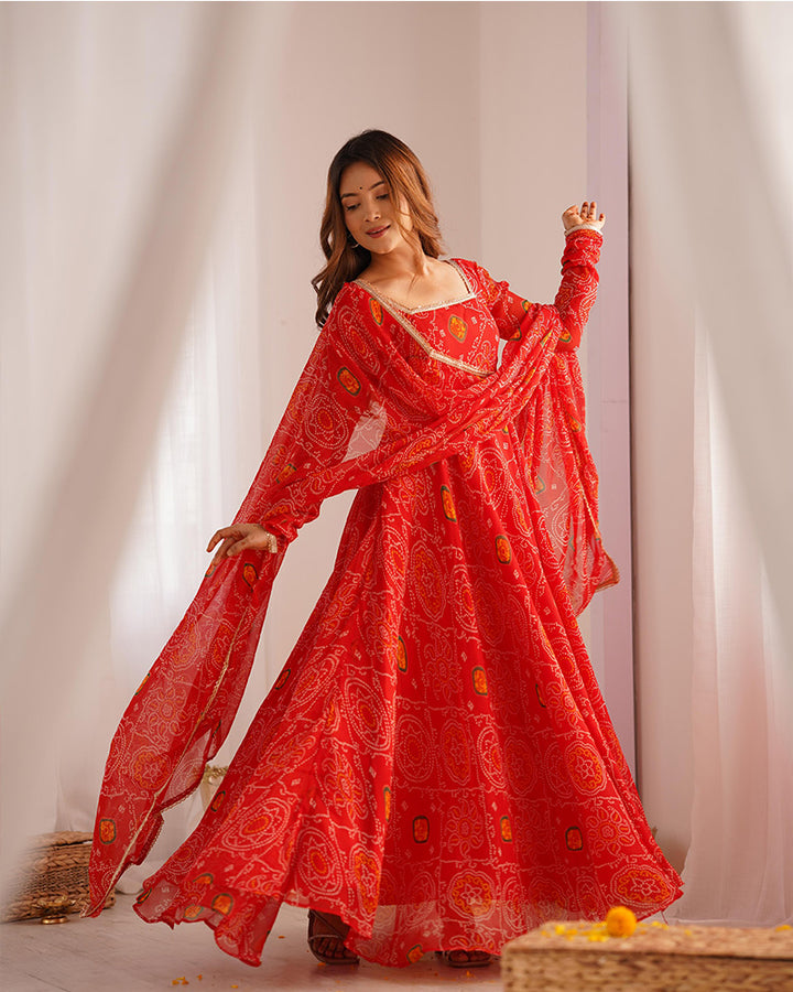 Red Color Bandhej Print Soft Chiffon Anarkali Gown