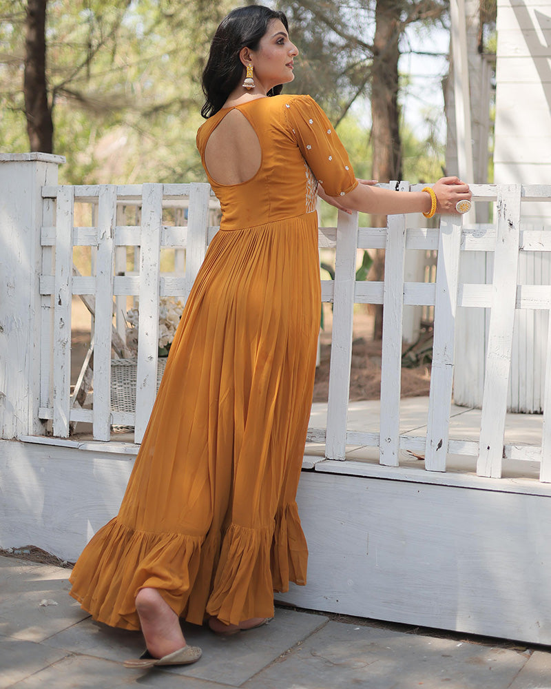 Mustard Yellow Color Faux Georgette Embroidered Anarkali Gown
