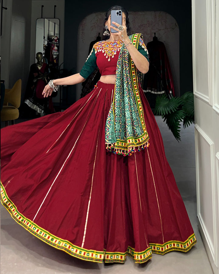 Maroon Color Cotton Real Mirror Navratri Lehenga Choli