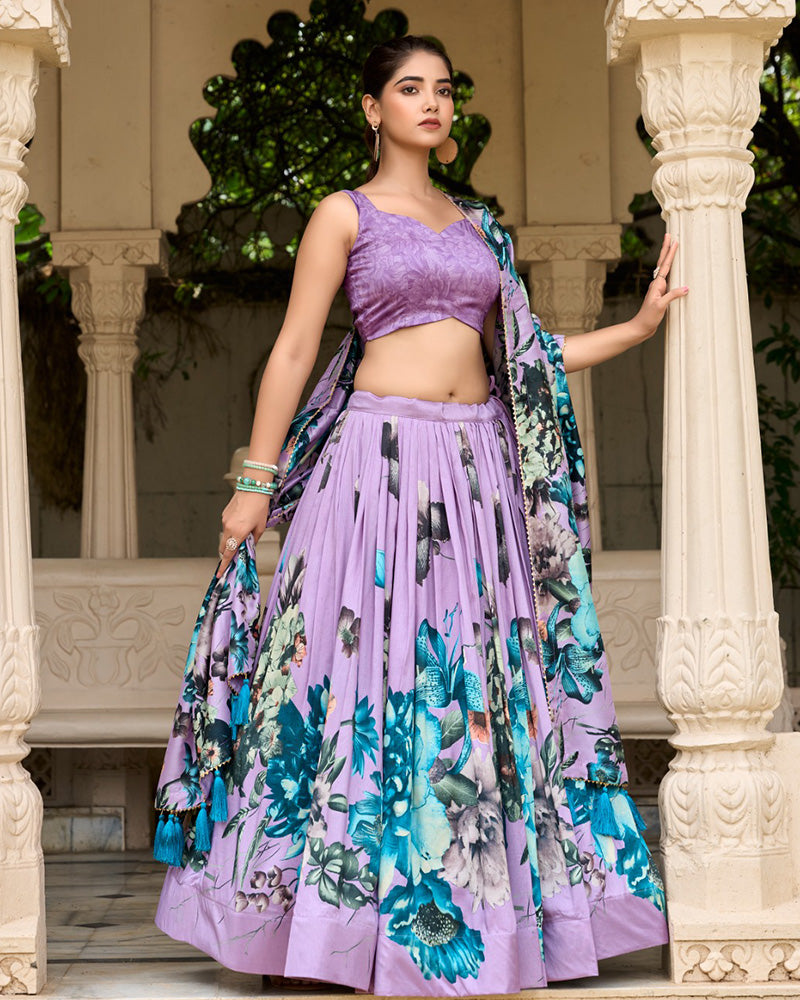 Lavender Color Tussar Silk Floral Printed Lehenga Choli