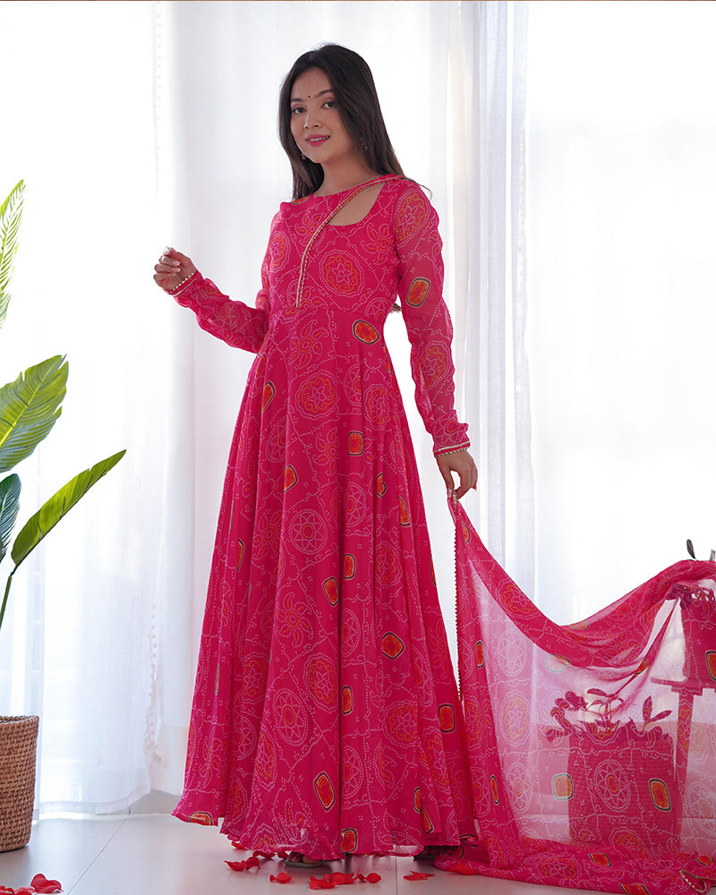 Pink Color Bandhej  Print Soft Chiffon Stylish Neck Three Piece Anarkali Gown