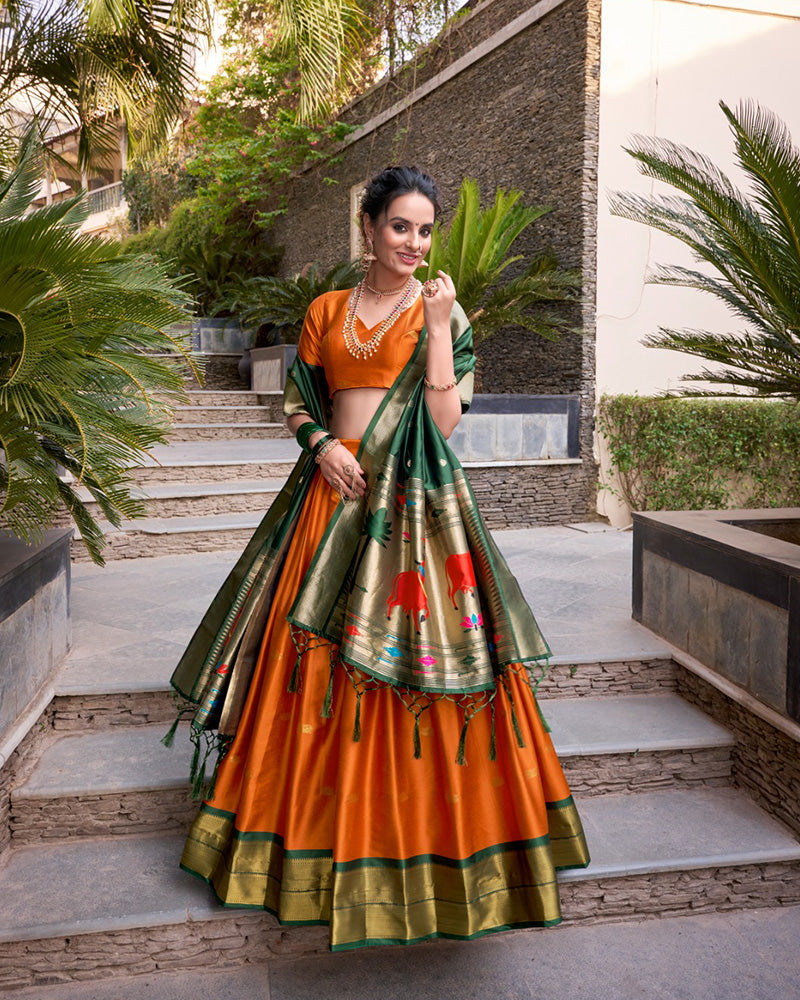 Orange Color Jacquard Silk Zari Weaving Work Lehenga Choli